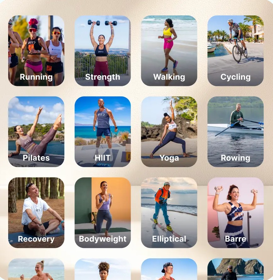 Workout categories: Running, Strength, Walking, Cycling, Pilates, HIIT, Yoga, Rowing, Recovery, Bodyweight, Elliptical, Barre
